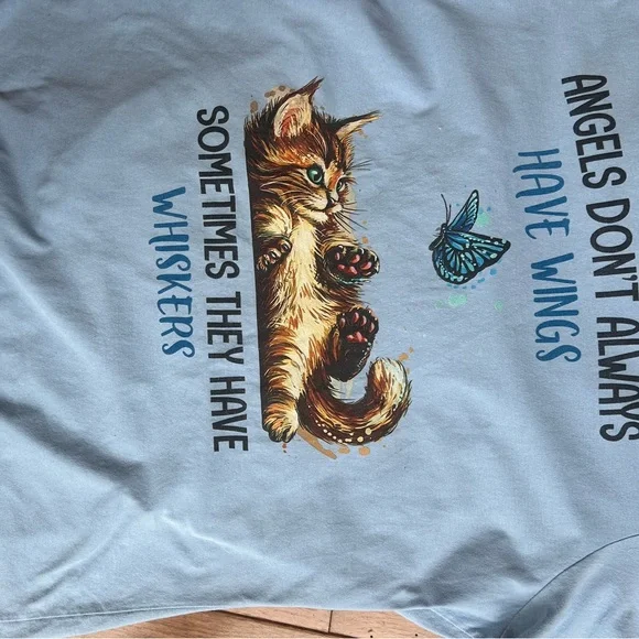 Blue Graphic T-Shirt with Cat and Butterfly. Size L - Picture 4 of 6